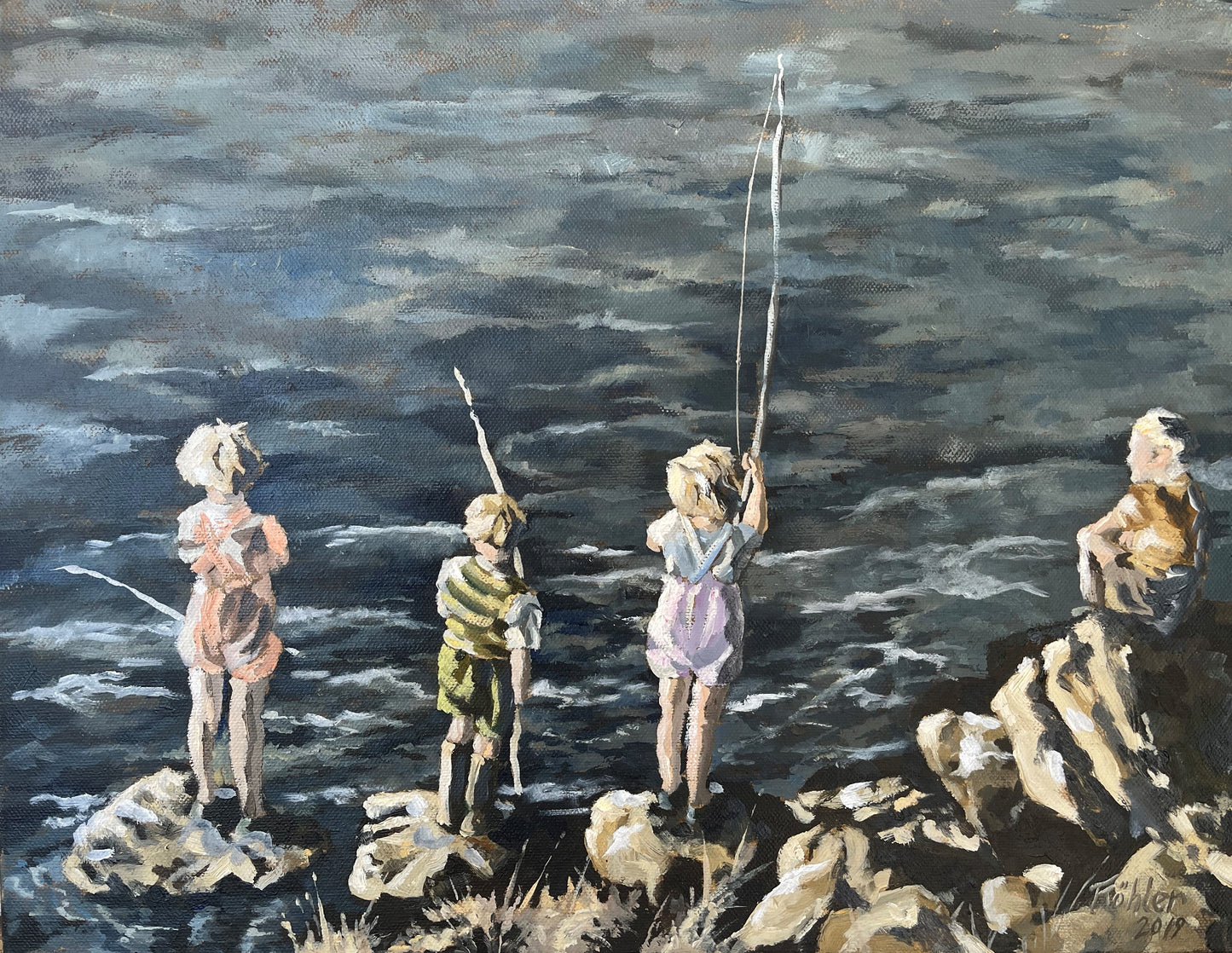 Thomas Kohler Oil on Stretched Canvas "2019 Fishing Lesson"